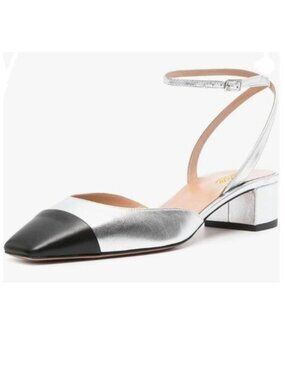 Zszszsu Silver Splicing Slingback Low Heels Cap Square Toe Sandals Shoes